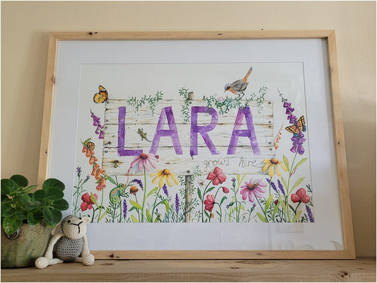 original hand-painted garden themed baby name wall art