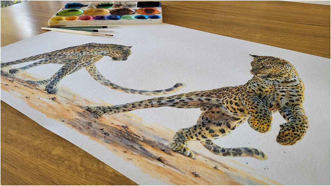 frolicking leopards in watercolour