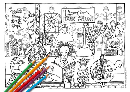 Hare Salon Colouring Page (Advanced)